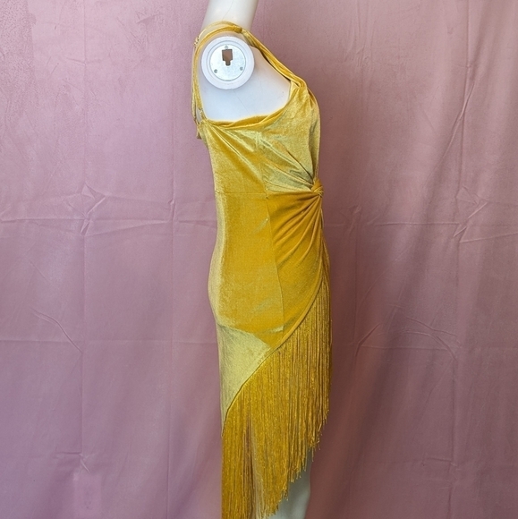 Golden Yellow Velvet One Shoulder Twist Front Fringe Hem Mini Dress size Large - Picture 4 of 9
